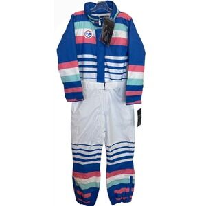 Tipsy Elves Womens Icy U Ski Suit Blue Pink White Striped One Piece Medium NEW